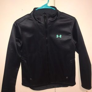 Black and Grey Under Armour Jacket w/ teal words